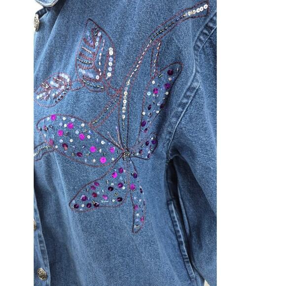 vtg y2k Tantrums Blue Denim Shirt Jacket Pockets Purple Sequined Embroidery M - Picture 2 of 5